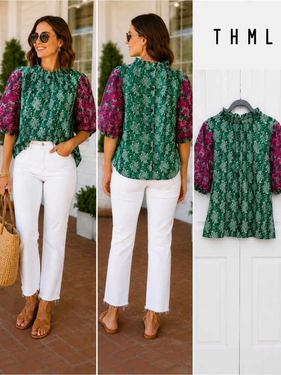 THML Tops - THML Green and Pink Floral Mixed-Print Puff Sleeve Blouse